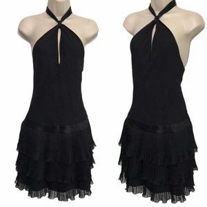 Milly Black Silk Halter Pleated Ruffle Dress